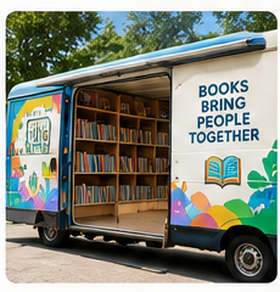 Mobile library vehicle with books and open shelving