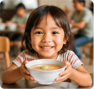 Young child receiving a warm bowl of soup in a community setting